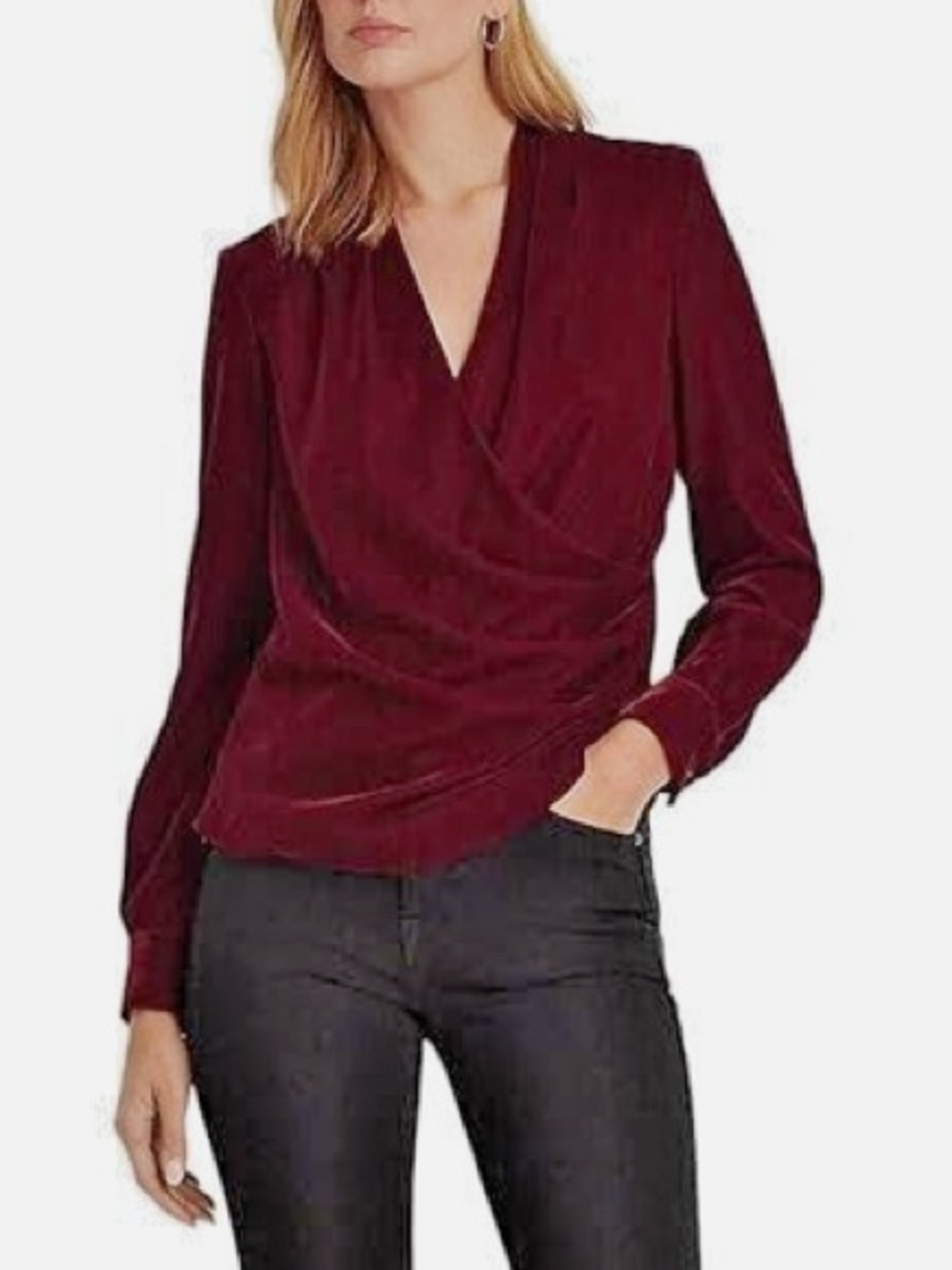 Lauren Ralph Lauren NWT Burgundy Velvet Draped Blouse Petite 12P - Picture 2 of 12